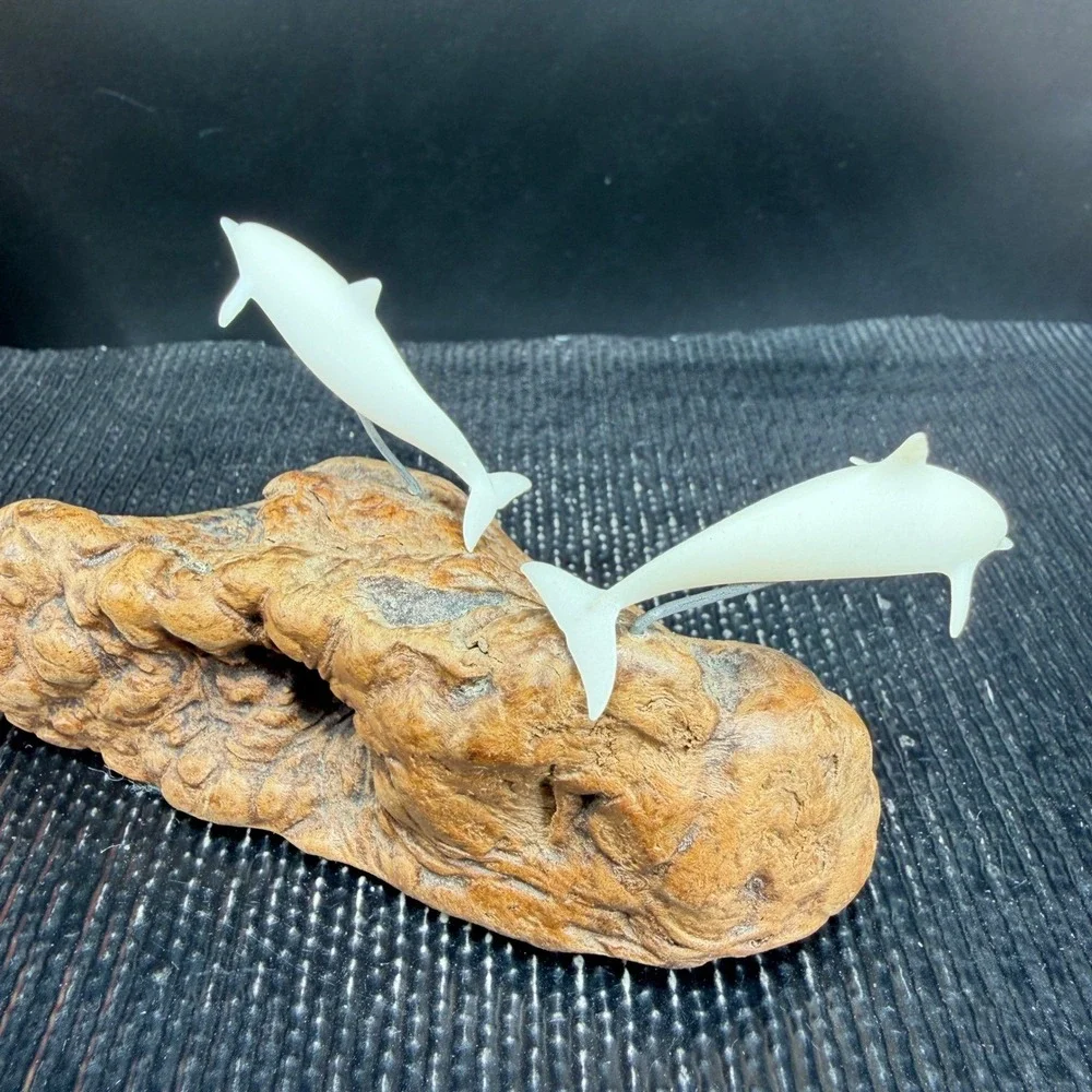 Dolphin Burl Wood Sculpture Two White Dolphins‎ Jumping Coastal Nautical Decor
